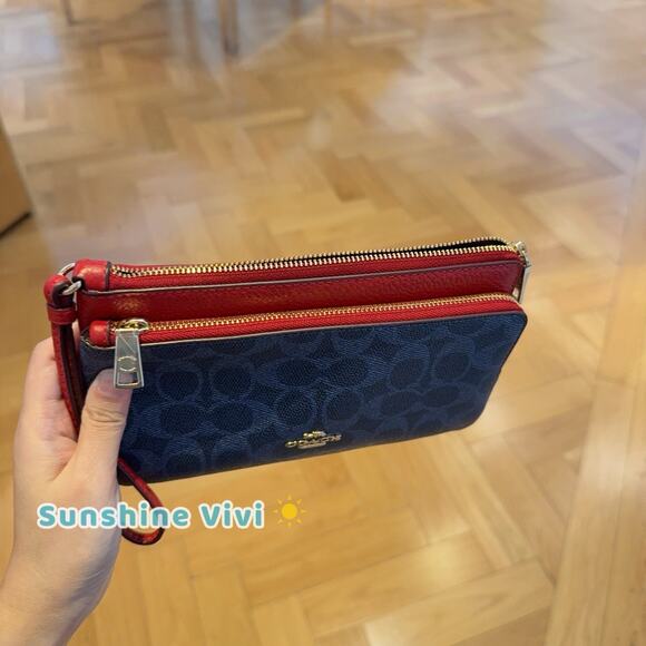 NWT Coach CX161 Double Zip Wallet Signature Canvas Wristlet Denim Bold Red - Picture 2 of 4